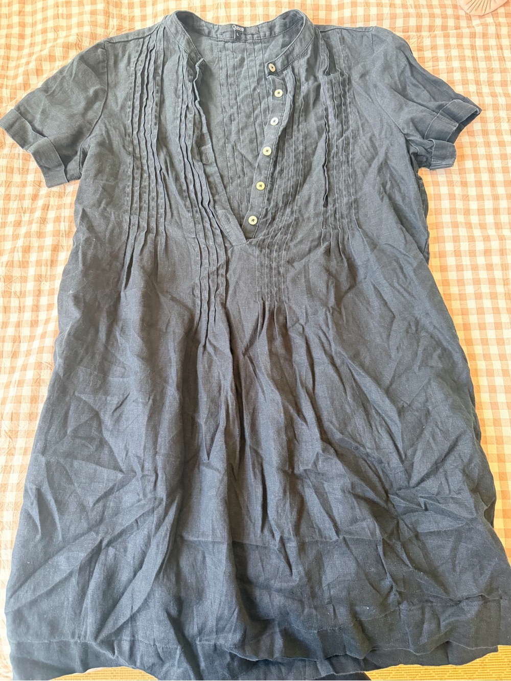 Quinc Black Linen Pintuck Button-Front Tunic Top